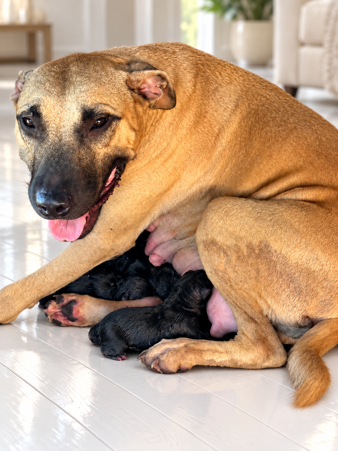 Tan mother dog nursing black puppies on a glossy white hardwood floor