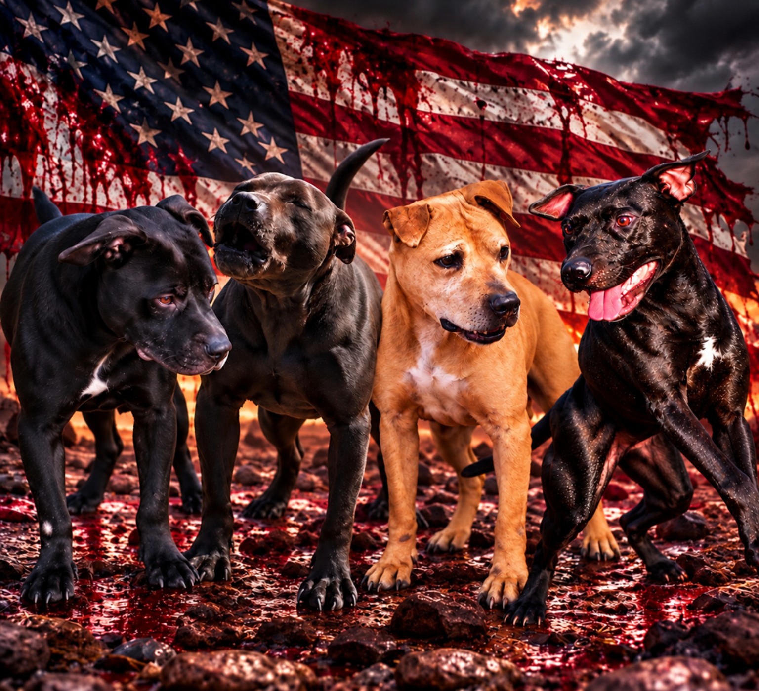 Dramacide Kennels artwork showing four dogs in front of an American flag