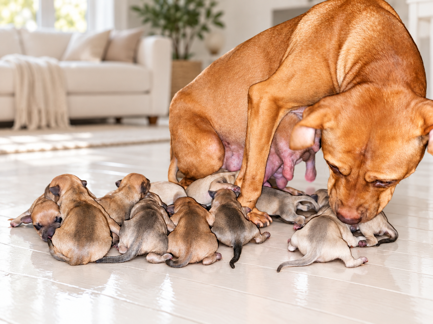 Tan mother dog with her litter on glossy white hardwood flooring